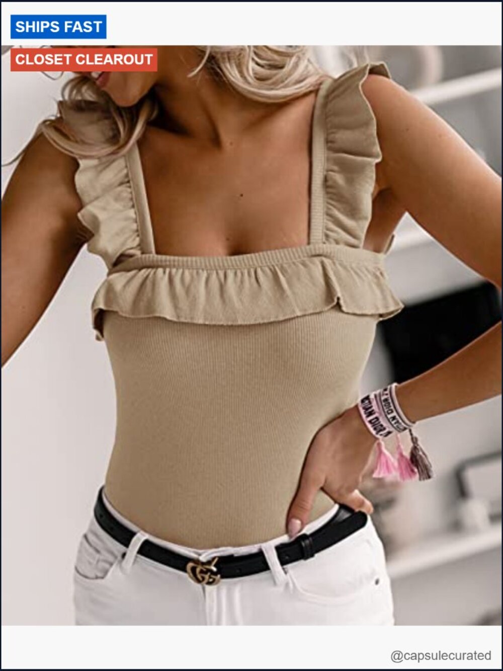 Sleeveless Ruffled Square Neck Tank Top Knit Camisole Top - Picture 2 of 7